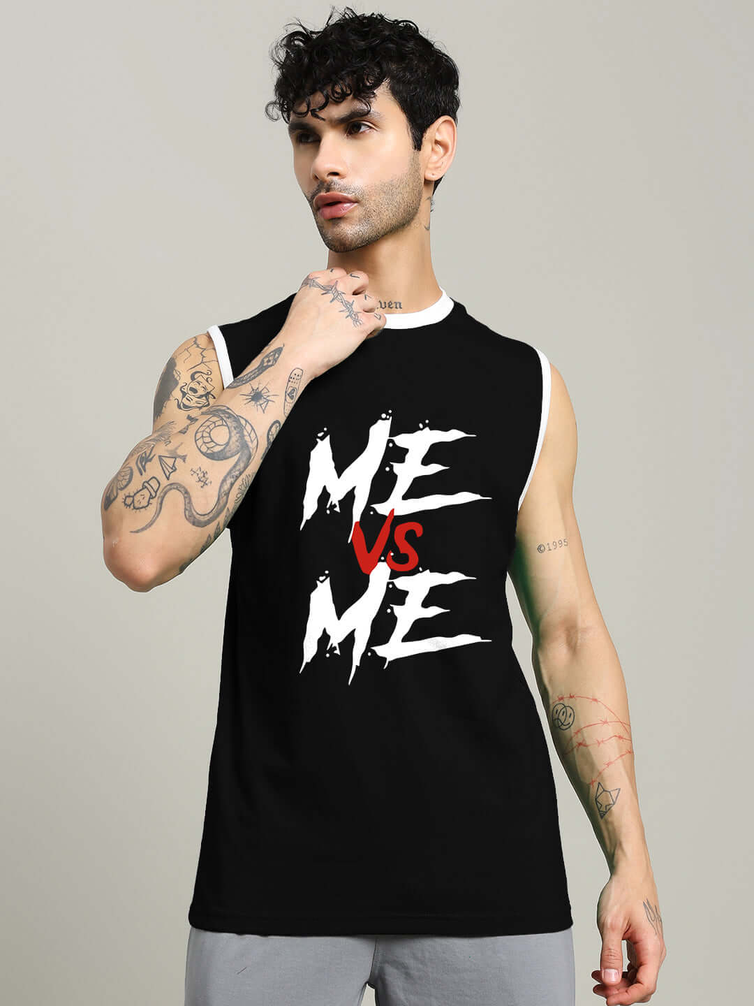 Black ME VS ME gym t-shirt, custom fit option available, worn by a model, perfect for workouts and personal motivation.
