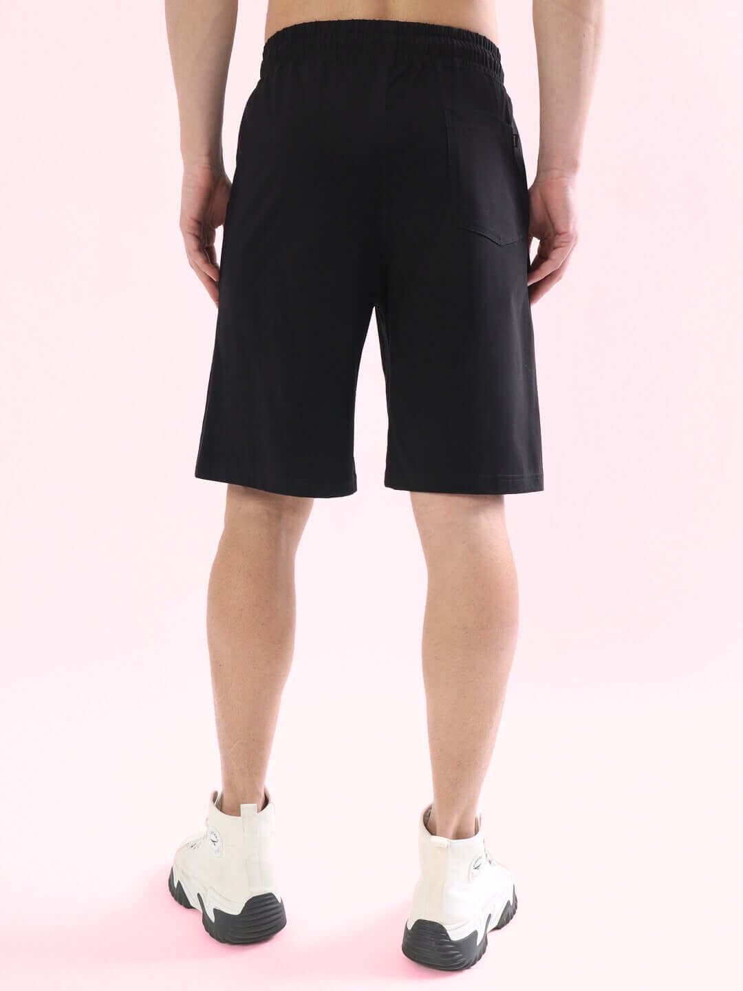 Back view of Melody Regular Fit Black Shorts, customizable size, handmade with dedication, offers style and comfort.