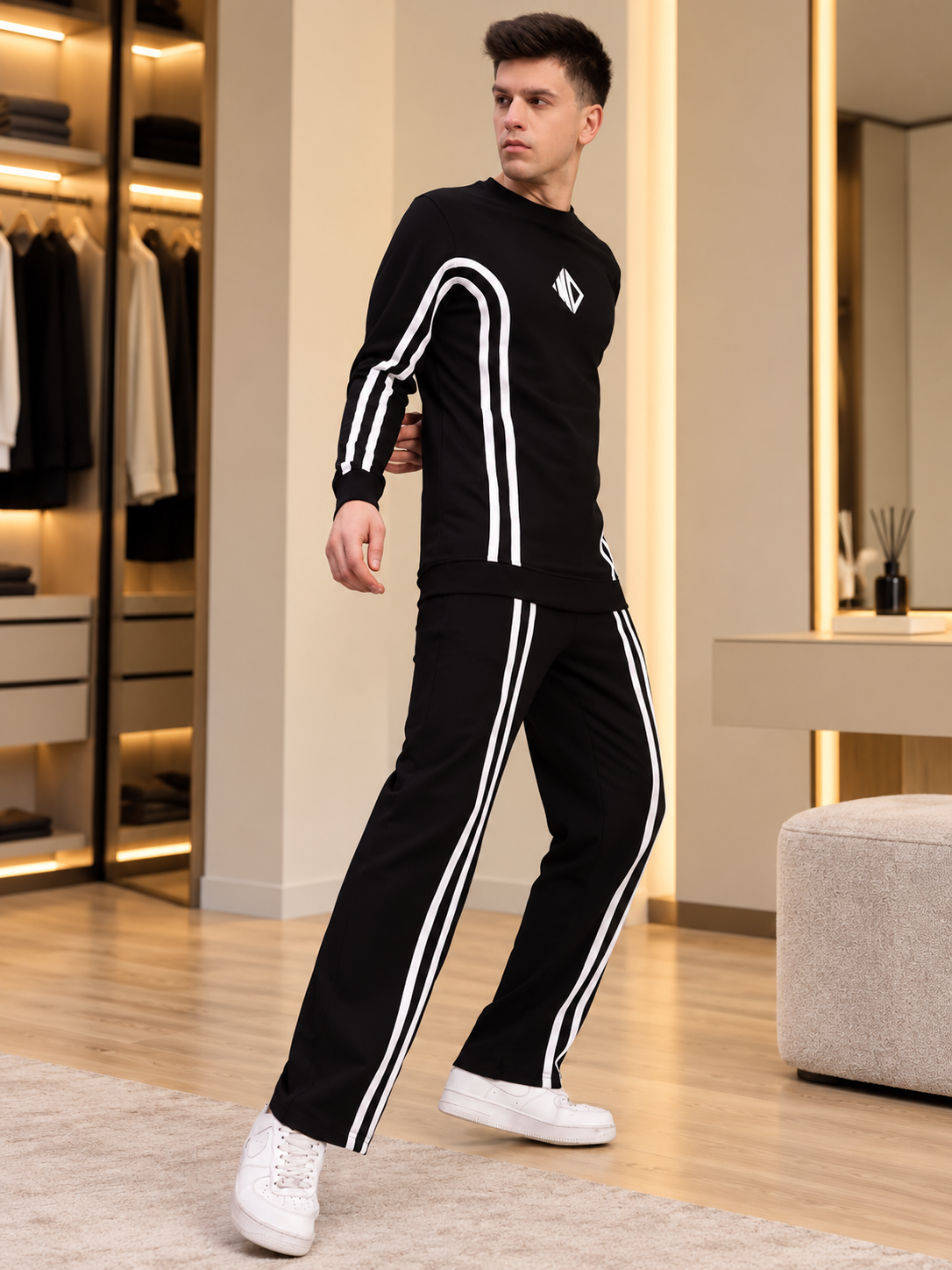 MEN OUTLOOK CO-ORD SET BLACK WITH WHITE STRIPE - Wearduds, view 5