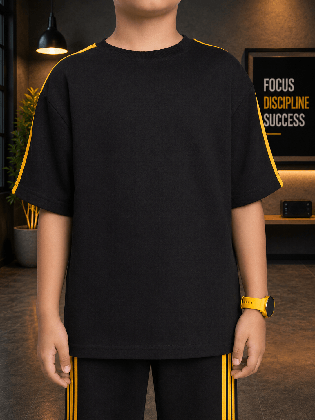 METRO YELLOW STRIPE CO-ORD FOR BOYS GIRLS BLACK - stylish black outfit with yellow stripes for kids.