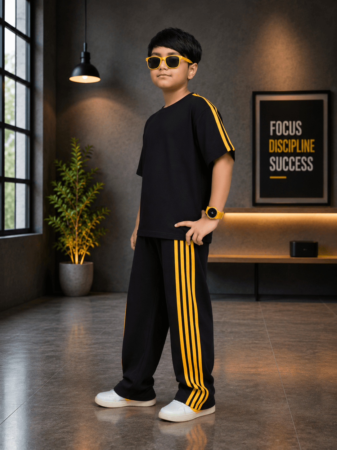 METRO YELLOW STRIPE CO-ORD FOR BOYS GIRLS BLACK showcased by a stylish boy in a modern interior.