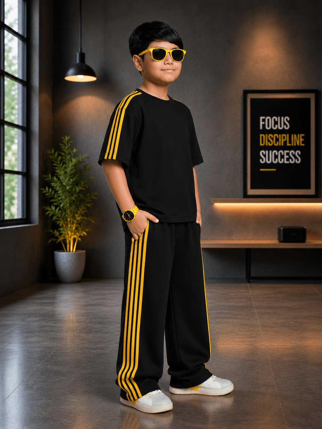 Boy wearing METRO YELLOW STRIPE CO-ORD FOR BOYS GIRLS BLACK with stylish sunglasses in a modern interior.