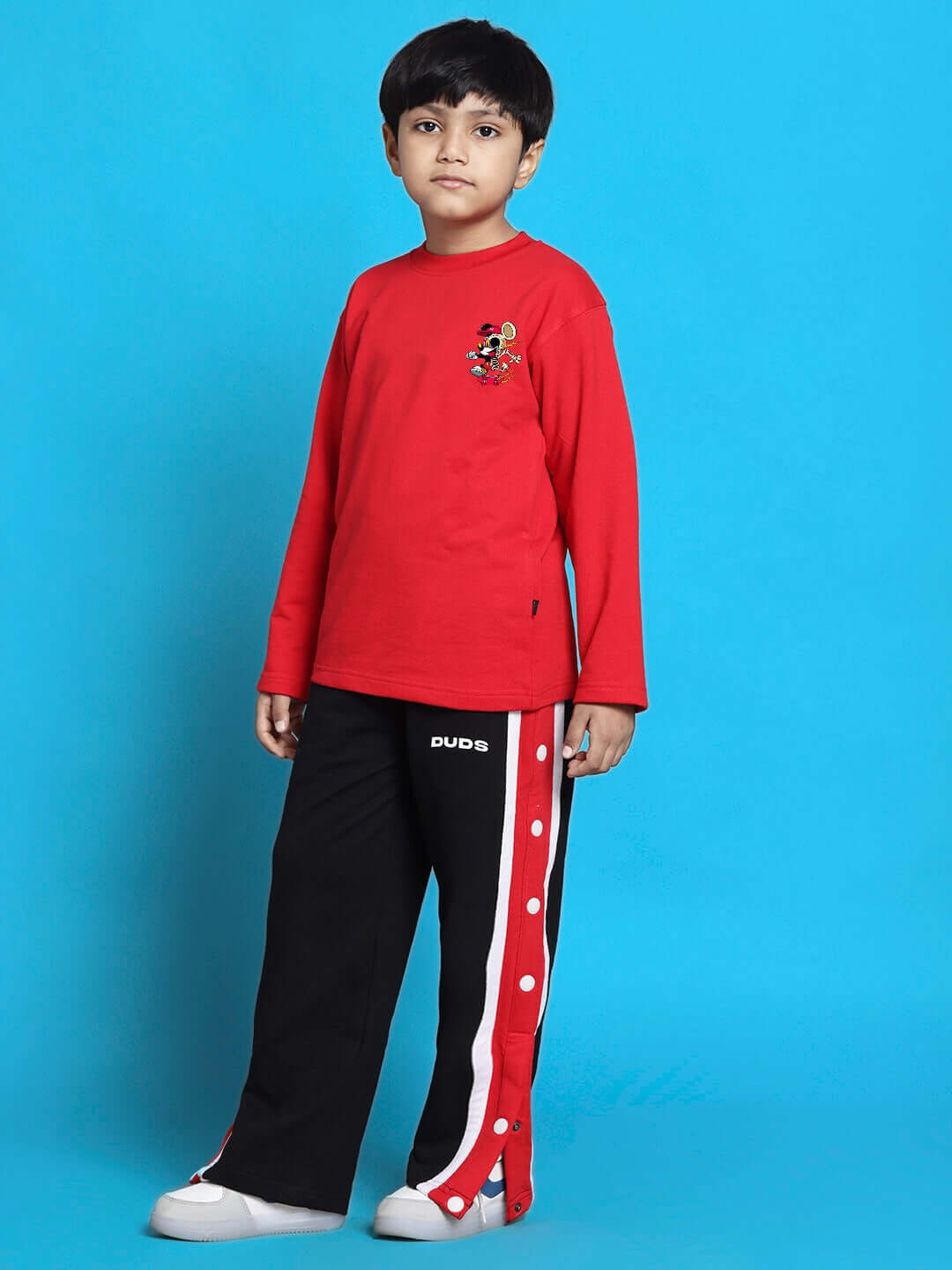 Child wearing Mickey Co-ord for Boys Girls Red Black outfit, featuring red top and black pants with Disney design.
