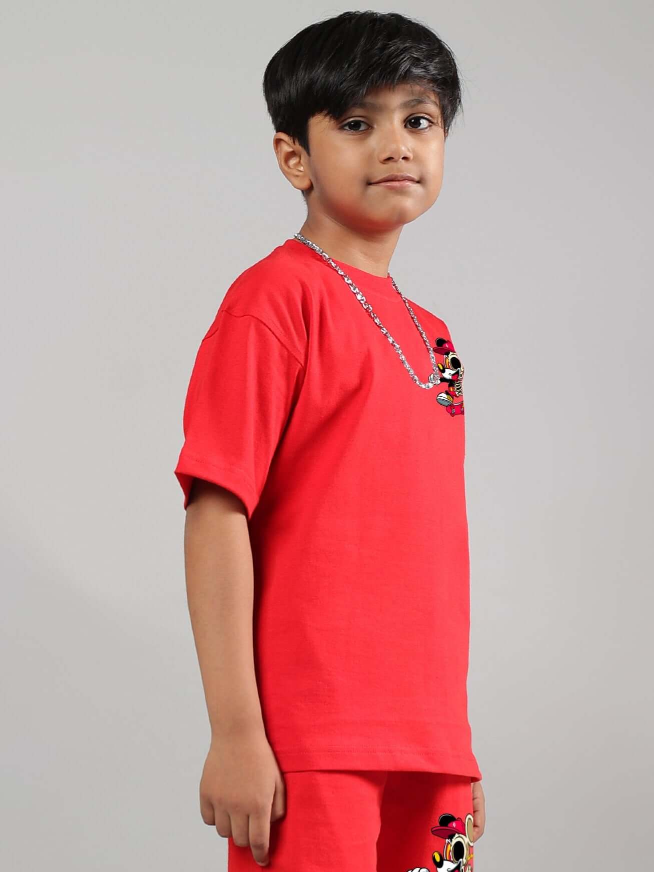 Child wearing red Mickey Summer T-Shirt, side view, showcasing casual style for boys and girls. Perfect for summer. Custom fit available.