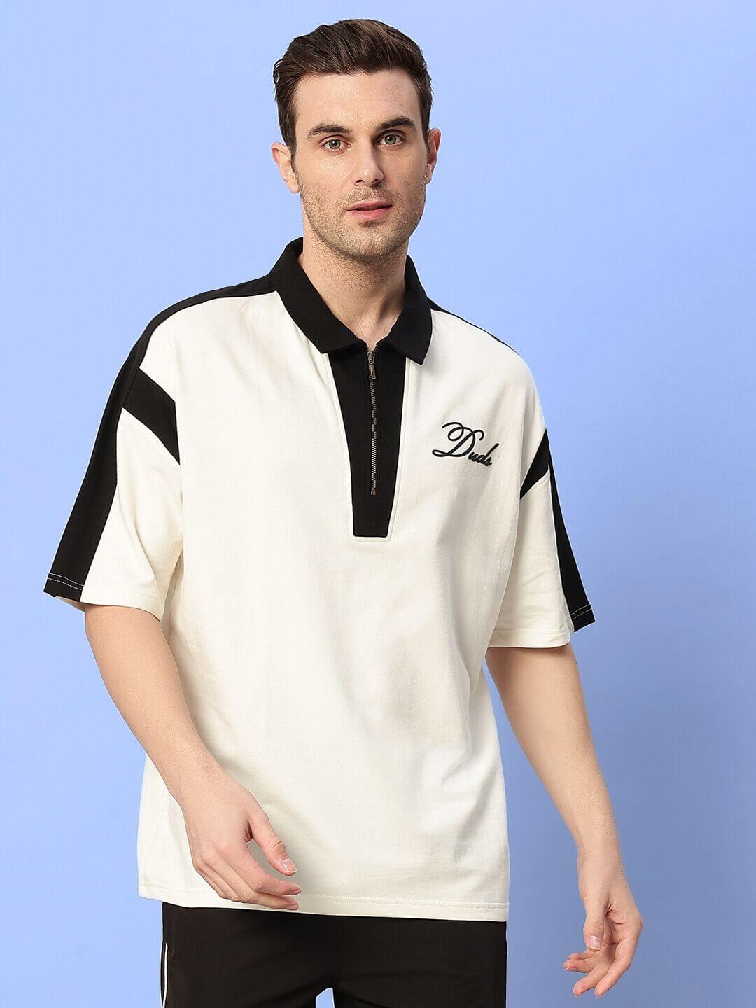 Off-white MIKE POLO classic t-shirt with black accents, made from premium cotton French terry, featuring embroidery on chest.
