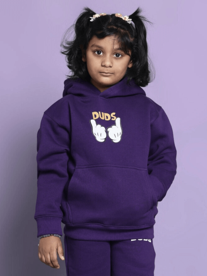 MILLER OVERSIZED HOODIE BOYS & GIRLS PURPLE, featuring a child wearing a purple hoodie with DUDS logo.