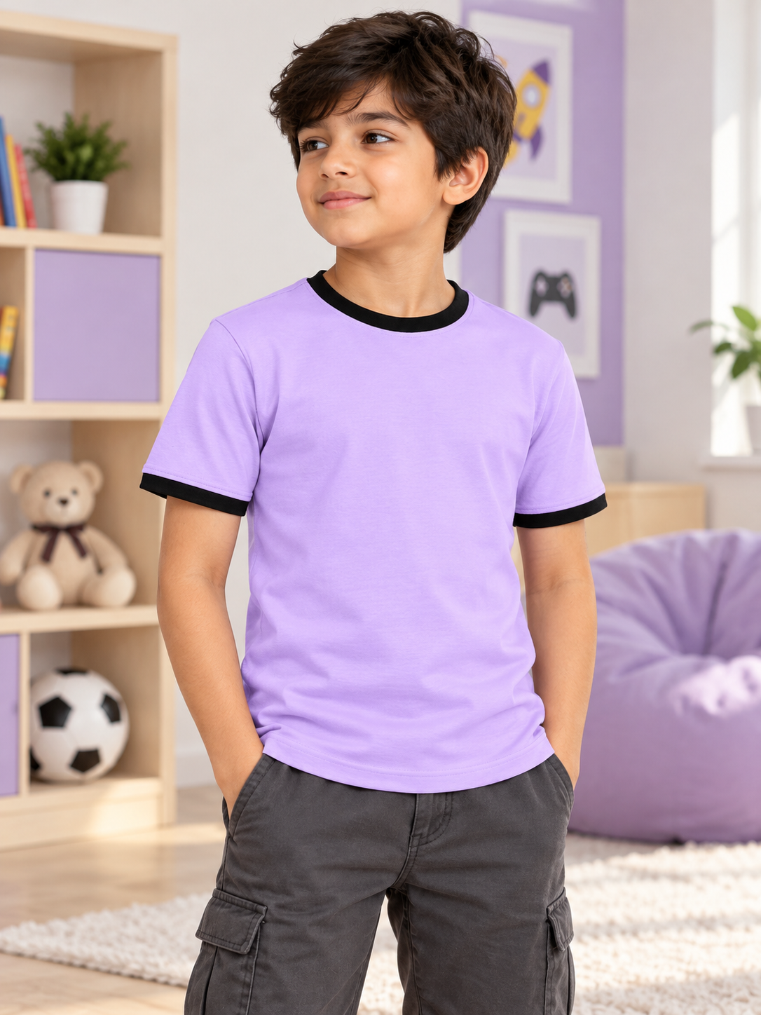MINIMALIST CONTRAST EDGE T-SHIRT FOR BOYS GIRLS LAVENDER