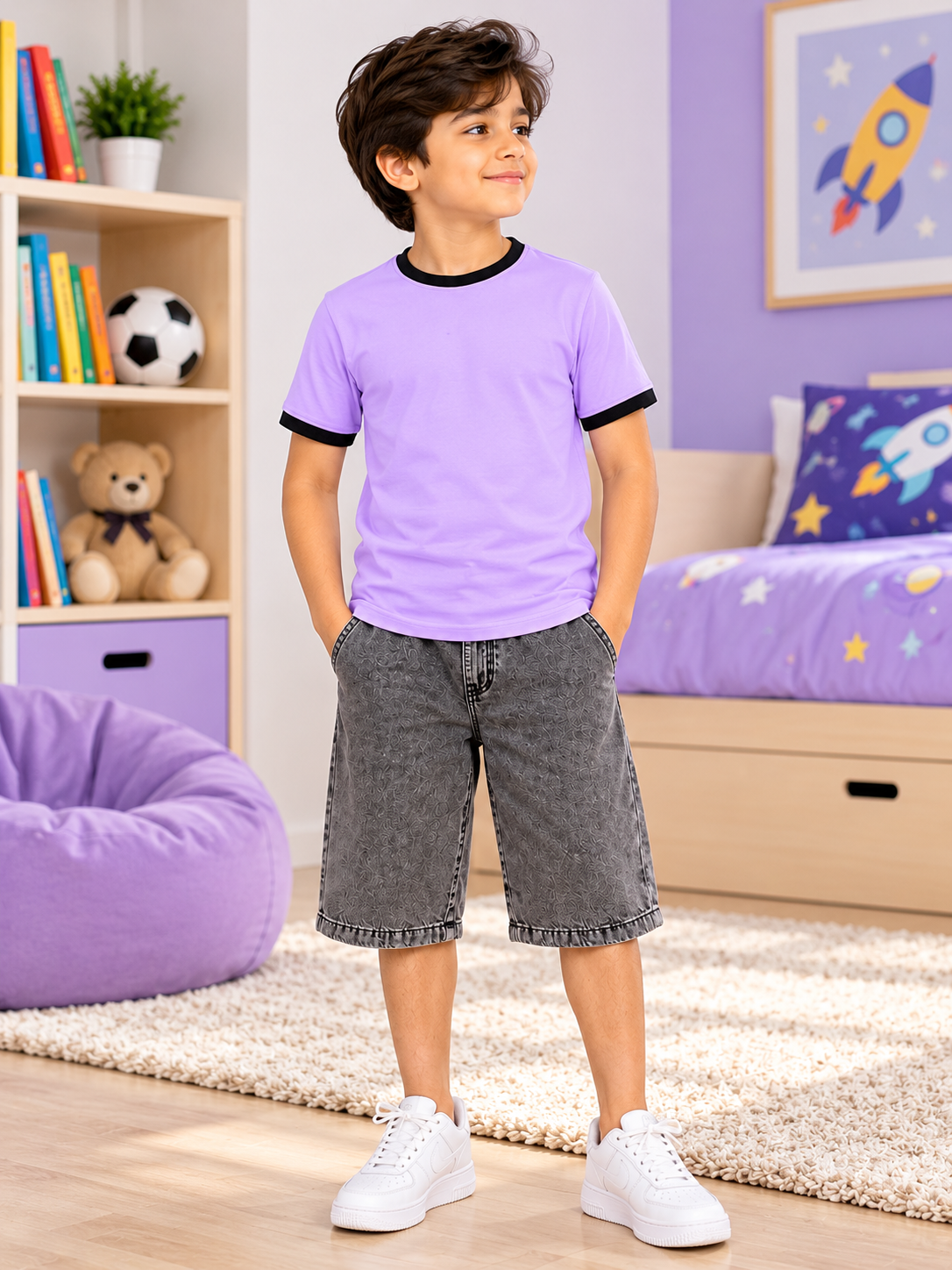 MINIMALIST CONTRAST EDGE T-SHIRT FOR BOYS GIRLS LAVENDER