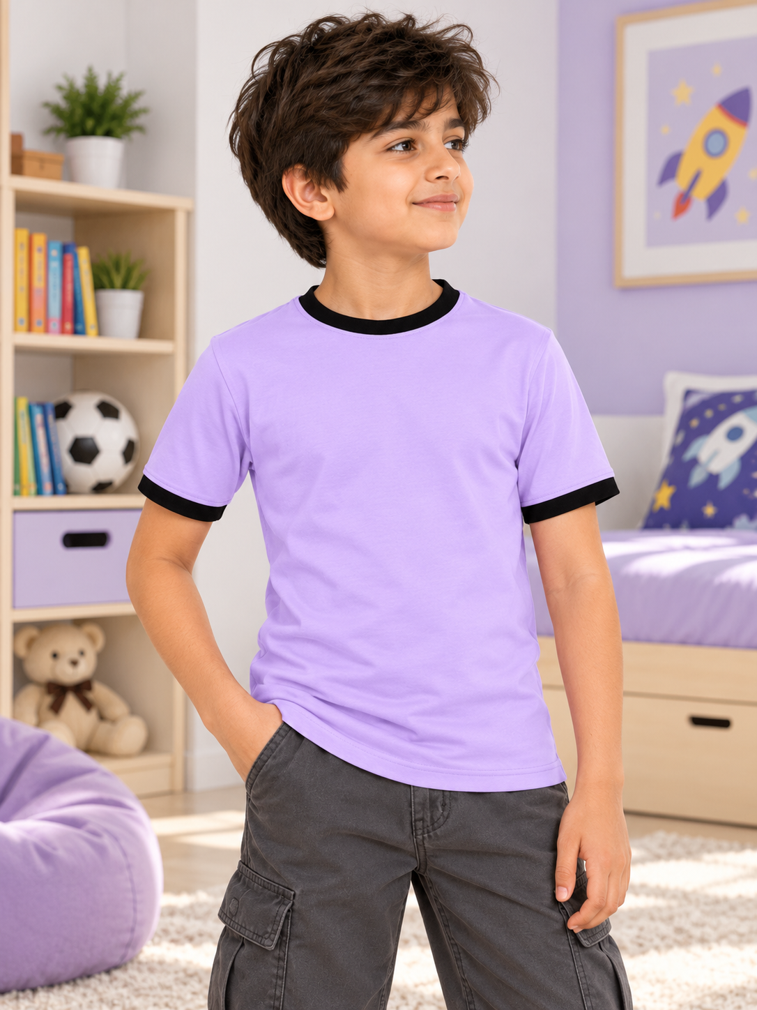 MINIMALIST CONTRAST EDGE T-SHIRT FOR BOYS GIRLS LAVENDER