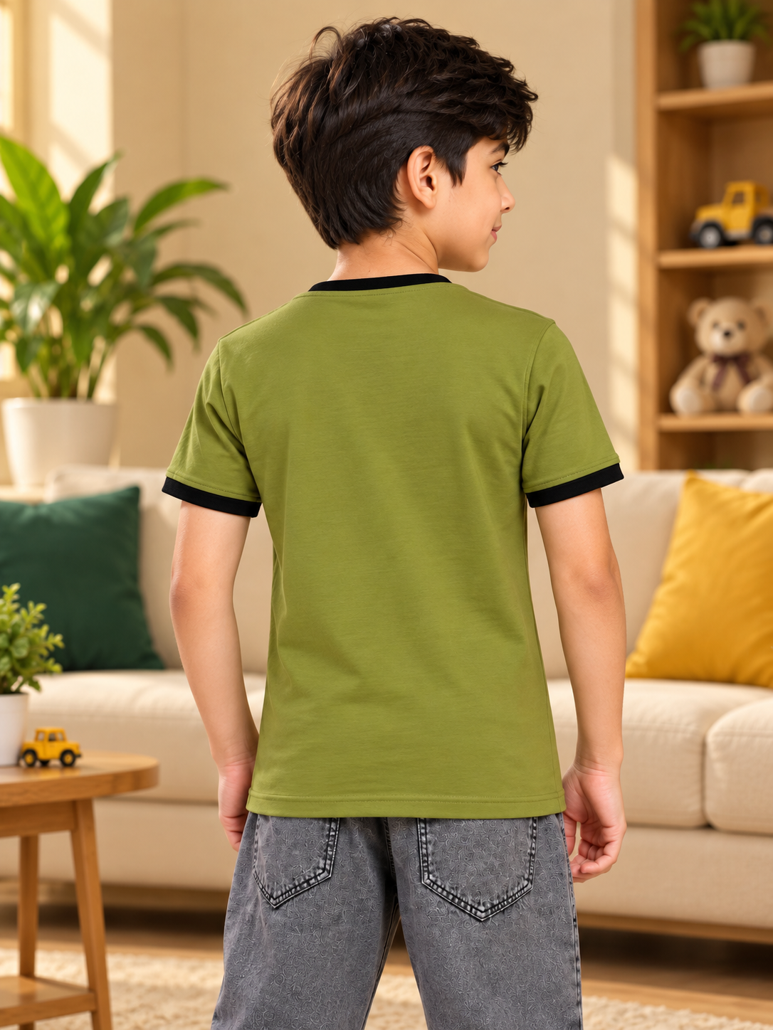 MINIMALIST CONTRAST EDGE T-SHIRT FOR BOYS GIRLS OLIVE GREEN