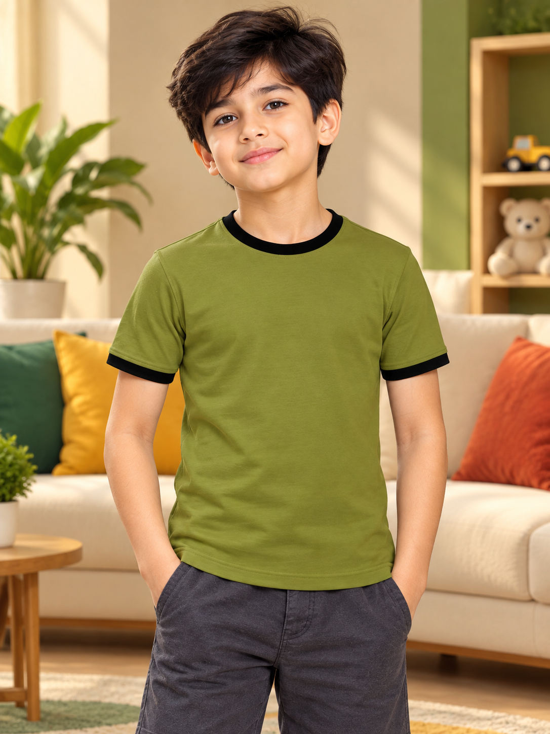 MINIMALIST CONTRAST EDGE T-SHIRT FOR BOYS GIRLS OLIVE GREEN