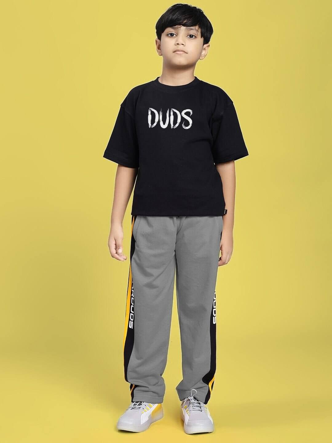 MINING THE MOONLIGHT PRINT CO-ORD FOR BOYS GIRLS BLACK GREY, featuring stylish black t-shirt and grey pants for kids.