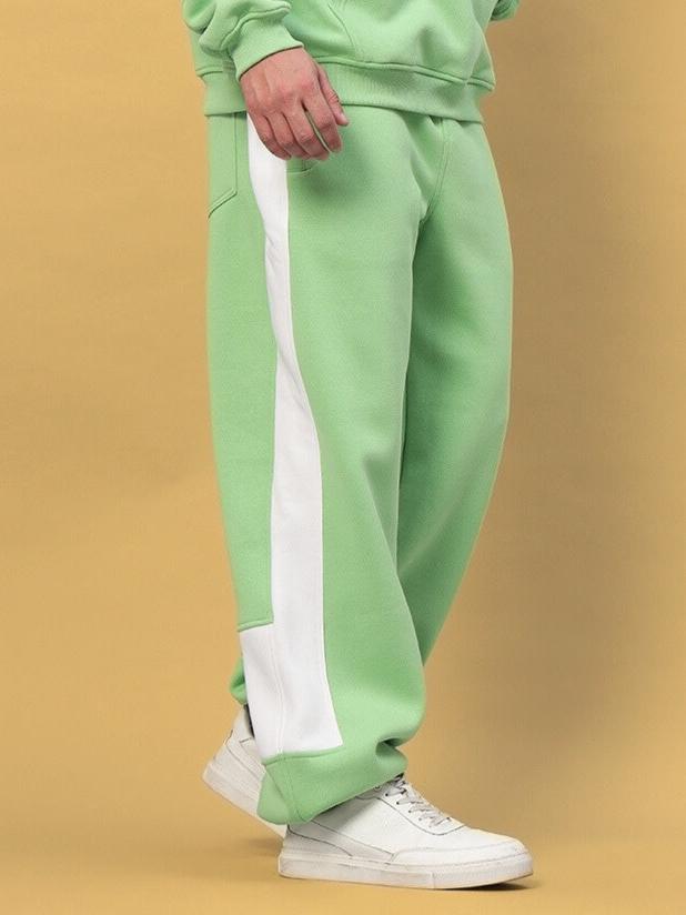 MINTED BLISS FLEECE COLORBLOCK CO-ORD GREEN WHITE joggers with white stripe, part of fleece set in modern streetwear design.