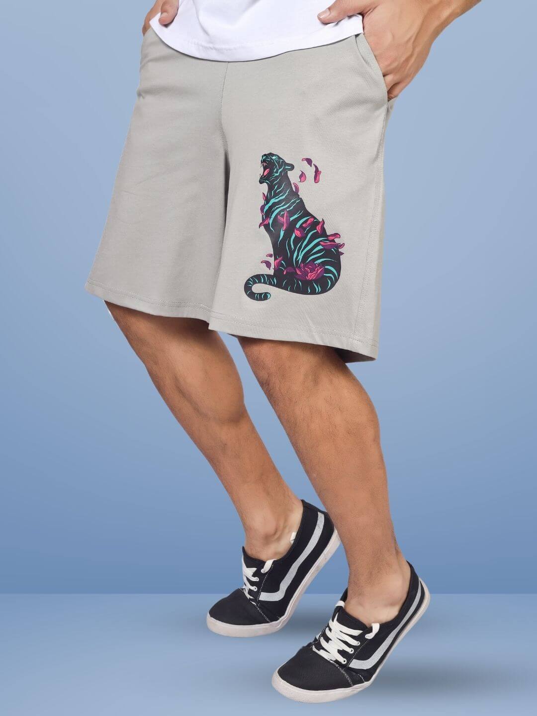Men's grey shorts with vibrant tigress design, showcasing regular fit style, customizable size option available, perfect for casual wear.