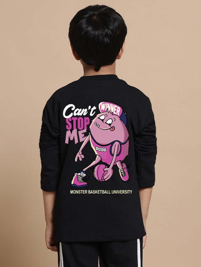 Child wearing black oversized Monster Basketball sweatshirt with cartoon design and 'Can't Stop Me' text on back.