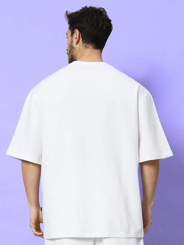 MORPH SQUAD OVER-SIZED T-SHIRT WHITE, back view on male model with purple background