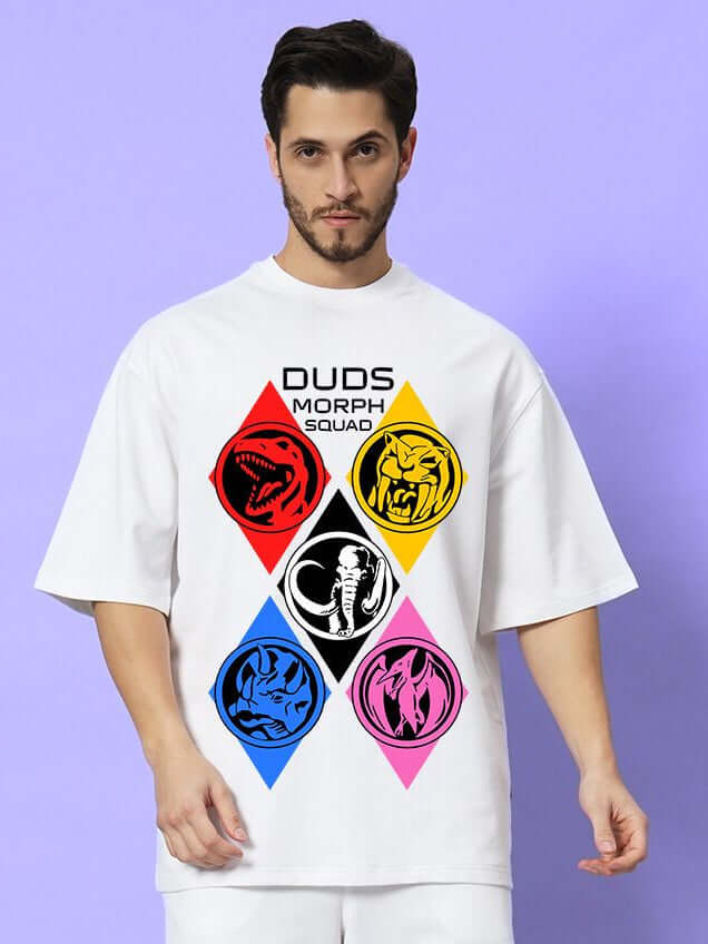 Man wearing MORPH SQUAD OVER-SIZED T-SHIRT WHITE with graphic design on the front.