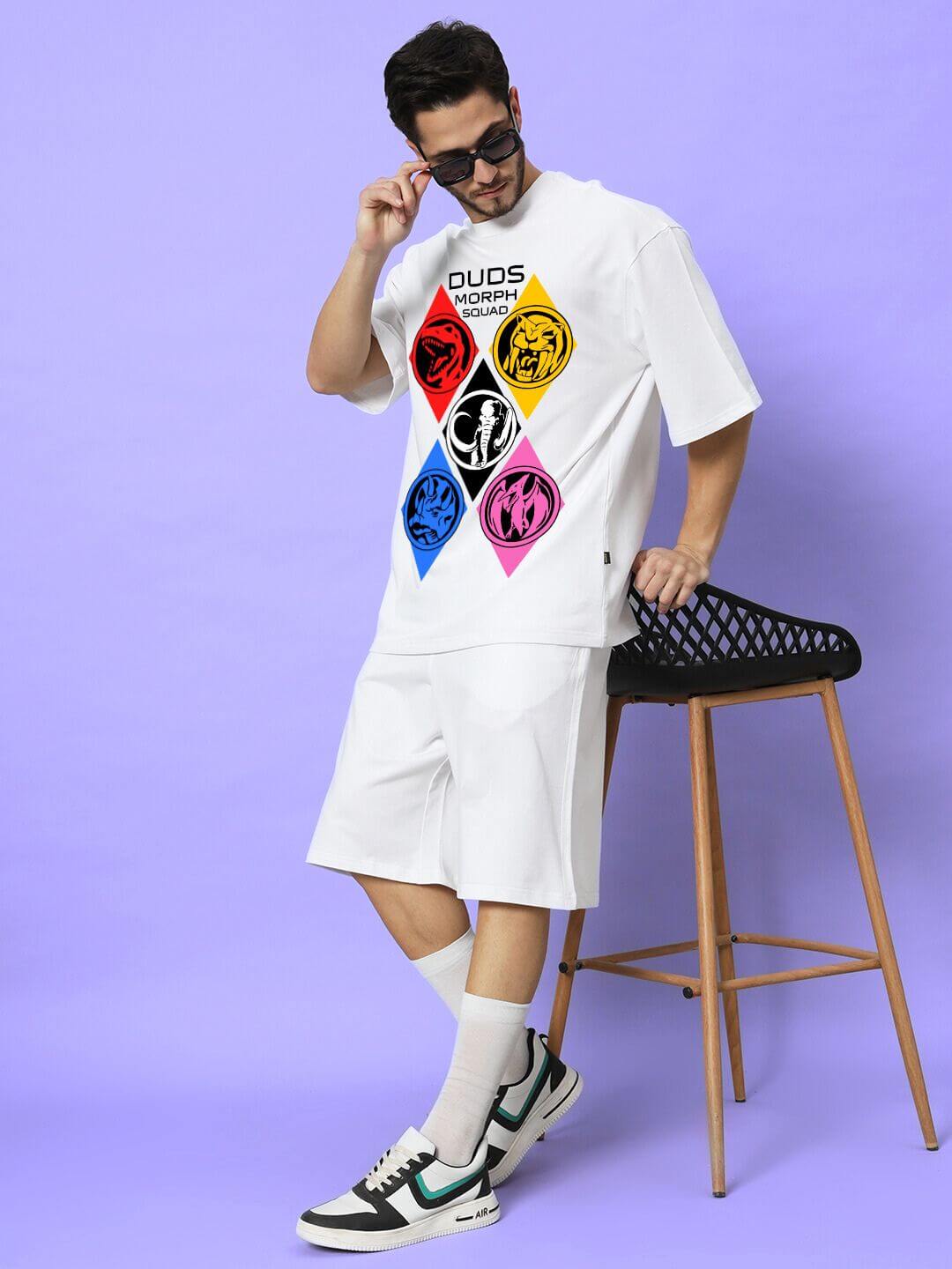 Model wearing MORPH SQUAD PRINTED CO-ORD SET WHITE with vibrant graphics, showcasing street-style confidence and effortless comfort.