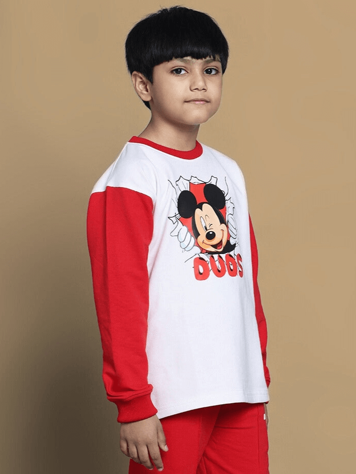Child wearing MORTIMER OVERSIZED SWEATSHIRT FOR BOYS & GIRLS WHITE RED with Mickey Mouse design, premium cotton fabric.