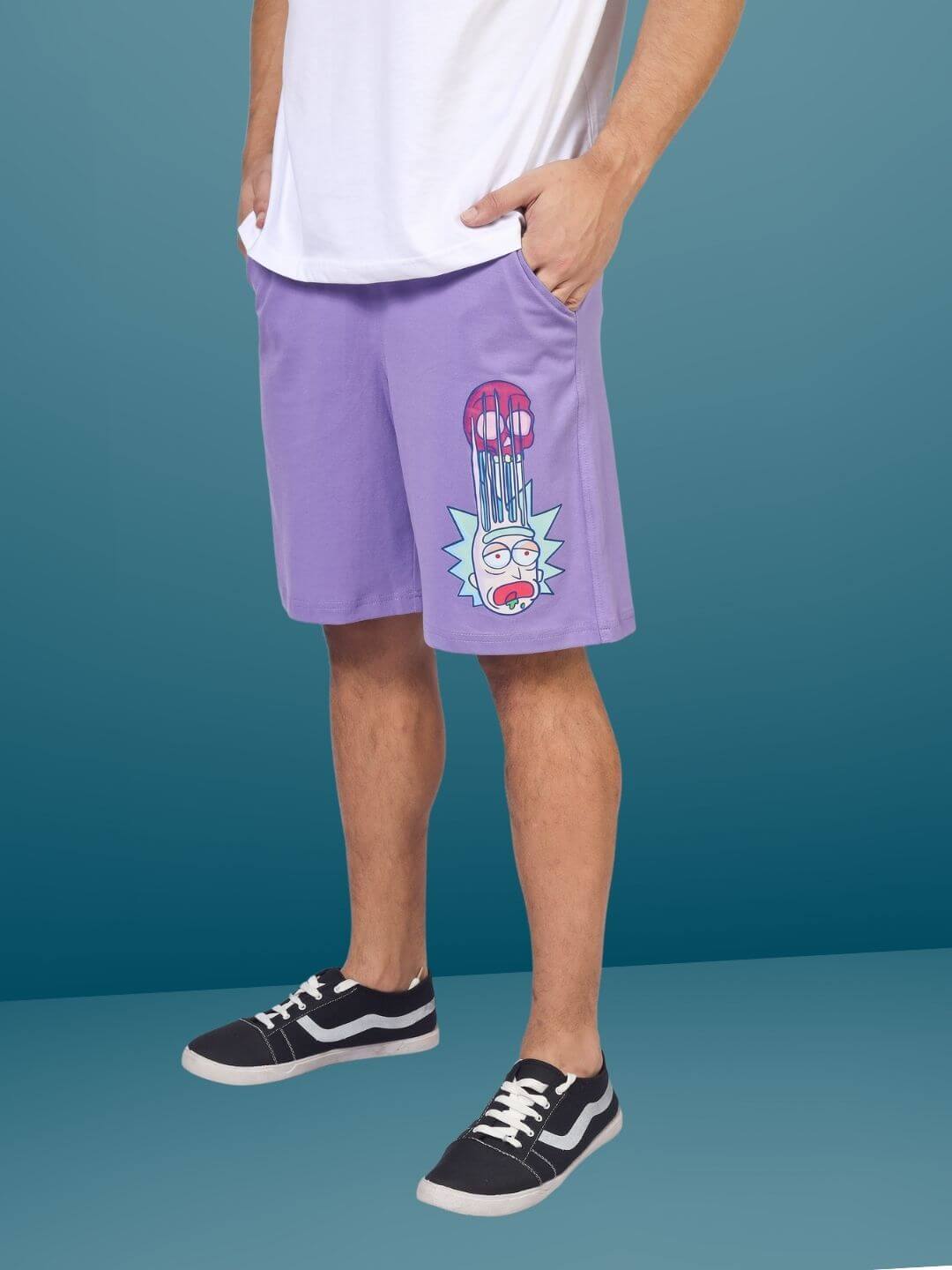 Model wearing Morty-fied Regular Fit Lavender Shorts with custom fit options by DUDS, featuring a playful cartoon design on the right leg.