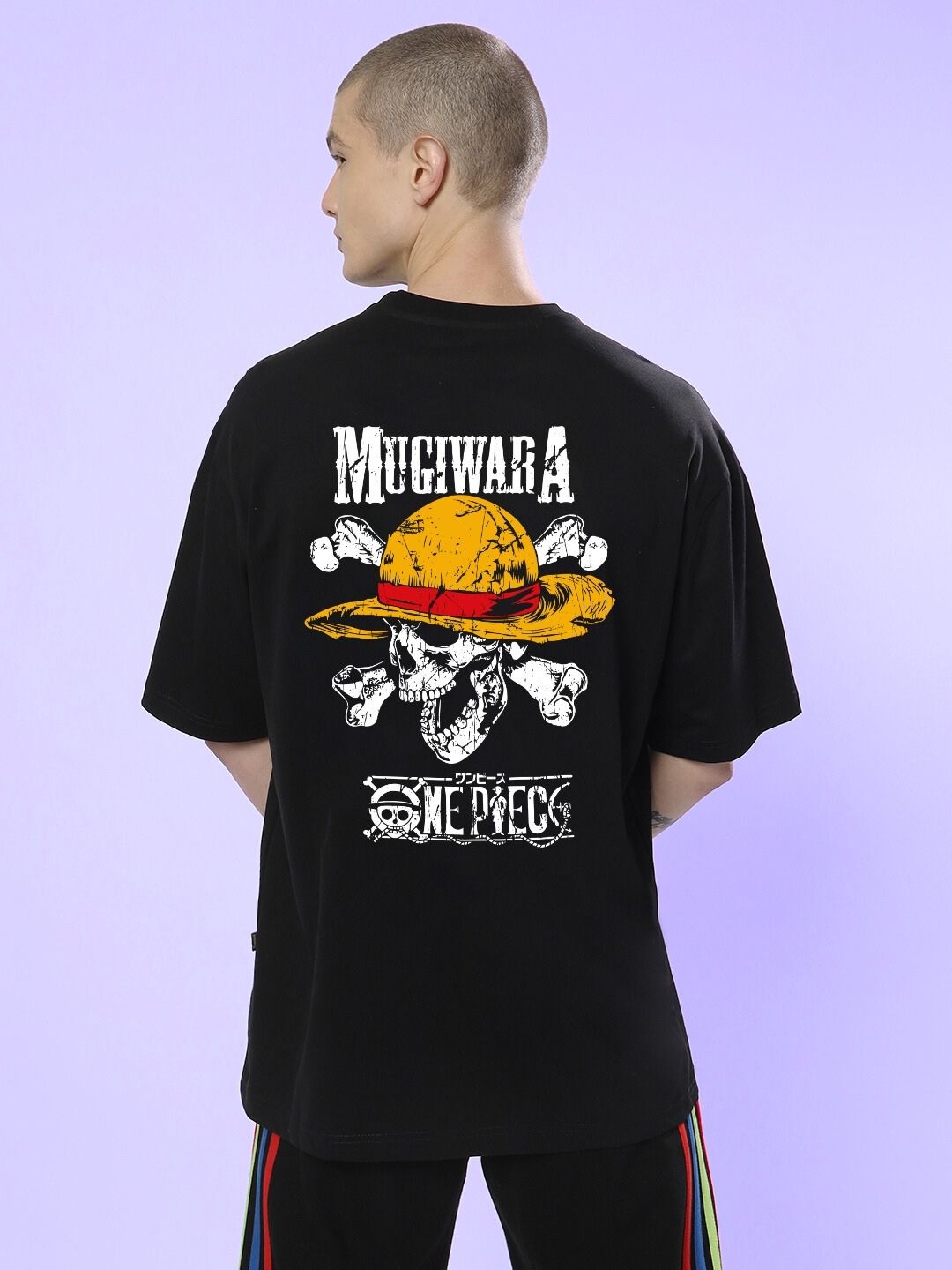 MUGIWARA PRINTED OVERSIZED T-SHIRT BLACK with skull design and crossbones on back