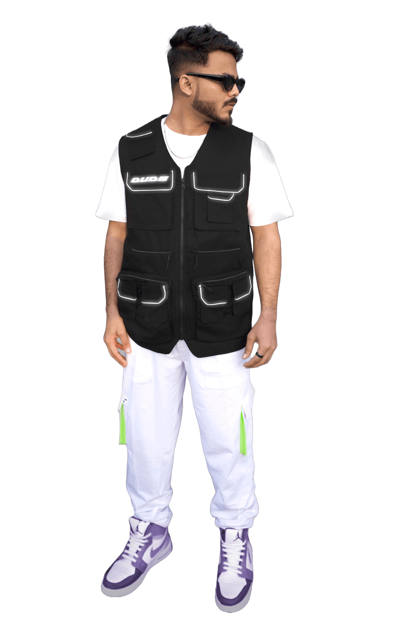 Model wearing MULTI POCKETS REFLECTOR CARGO VEST with streetwear style.
