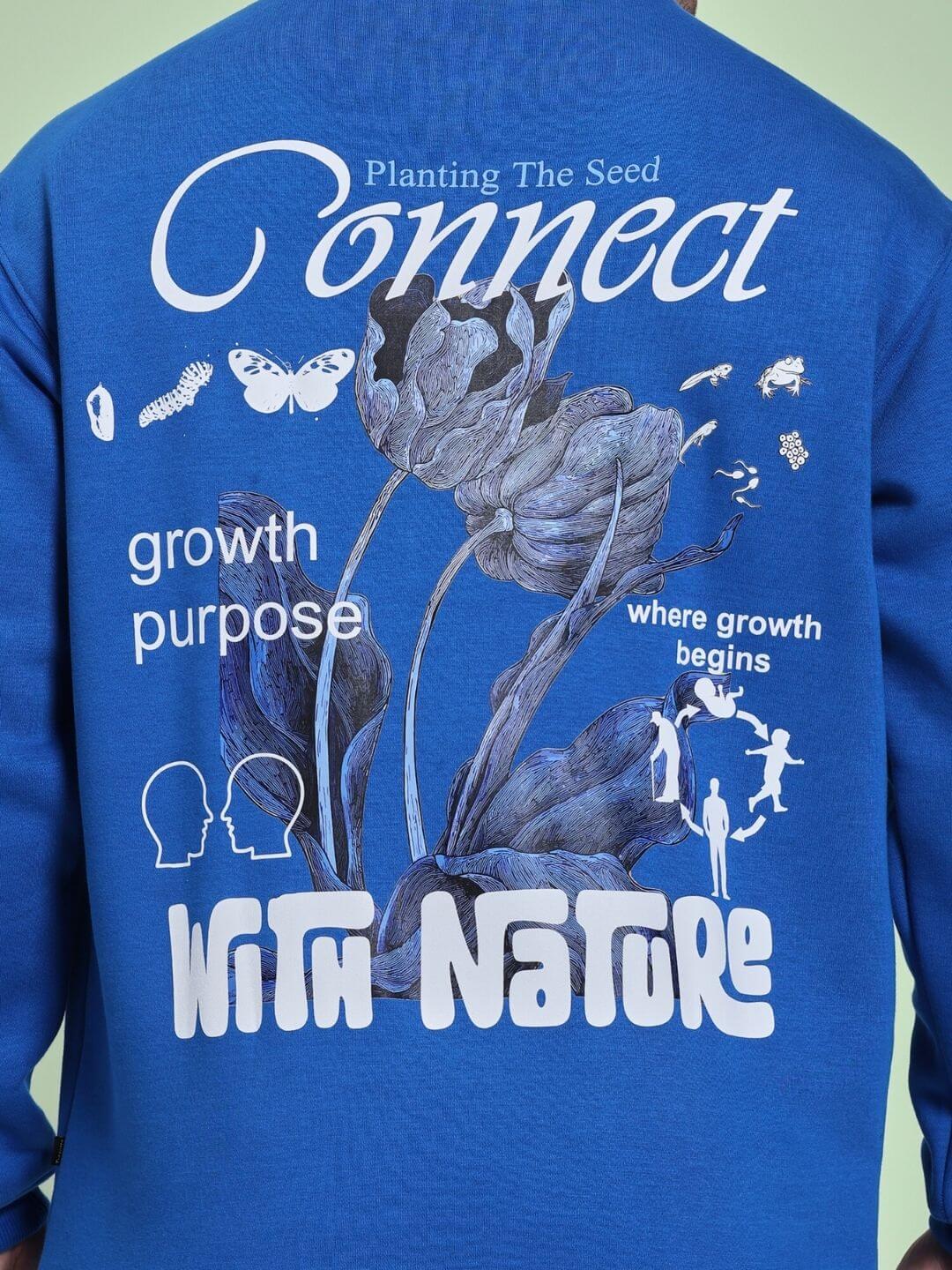 Back view of royal blue sweatshirt from NATURE LINK FLEECE CO-ORD SET ROYAL BLUE with nature-inspired graphics and text.