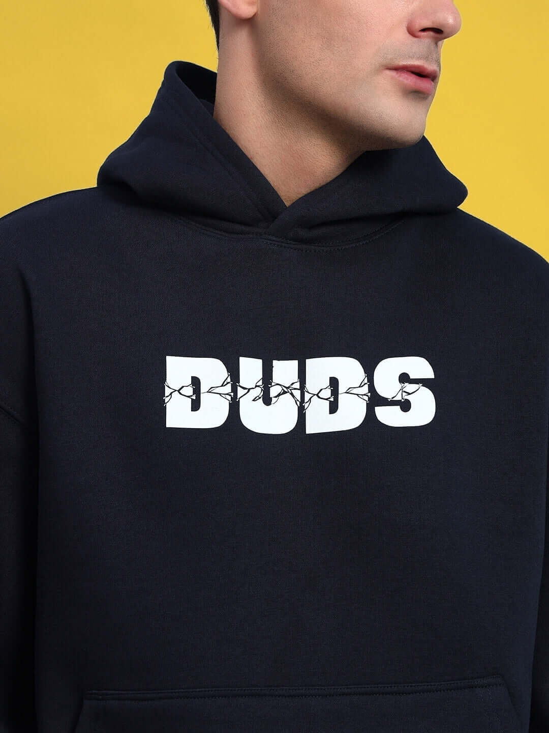 Navy blue fleece hoodie with "DUBS" graphic design, perfect for casual wear, warm and stylish.
