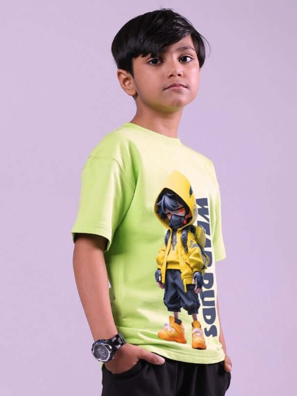 NENDROID PRINTED T-SHIRT FOR BOYS AND GIRLS NEON GREEN worn by a child, showcasing vibrant design and comfortable fit.