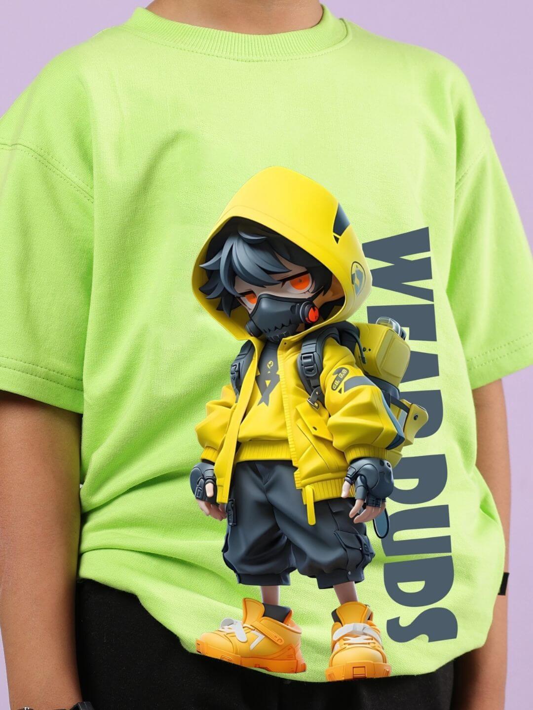 Neon green t-shirt with Nendoroid-style cartoon print, worn by a child, paired with black shorts. Ideal streetwear for boys and girls.