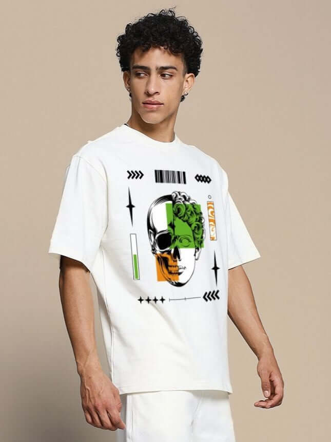 Man wearing Neo Classic Skull Over-Sized T-Shirt Off White with artistic skull graphic