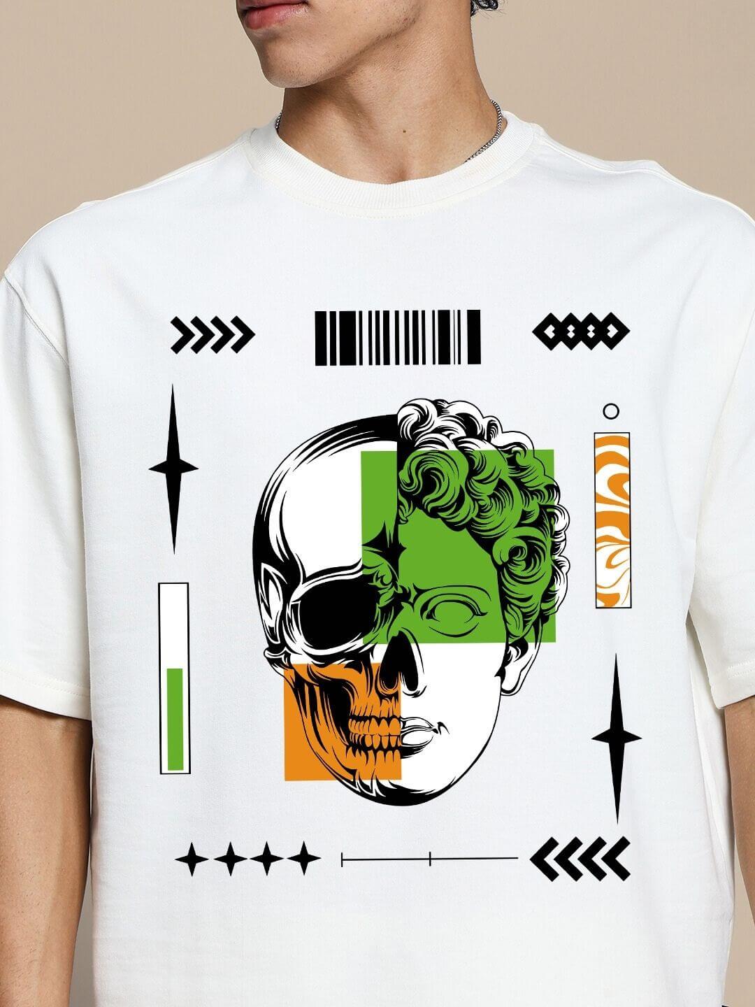 Person wearing a Neo Classic Skull Over-Sized T-Shirt Off White featuring artistic skull graphics and modern design elements.