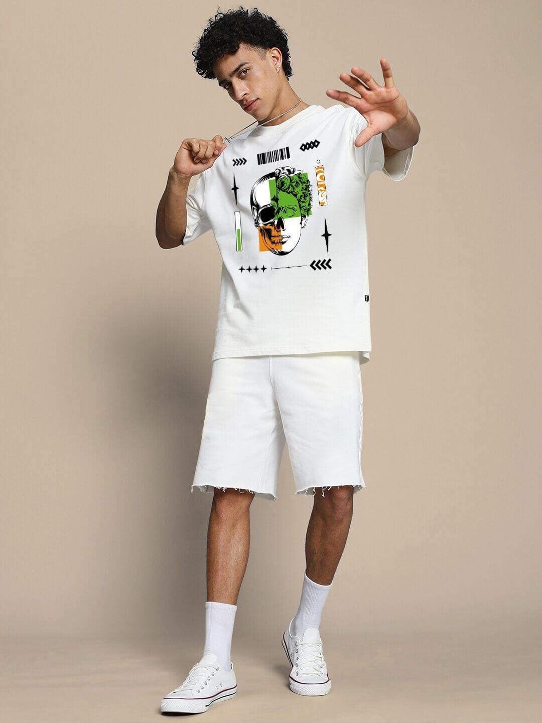Model wearing Neo Classic Skull Printed Co-ord Set in off white, showcasing bold design for trendy kids' fashion.