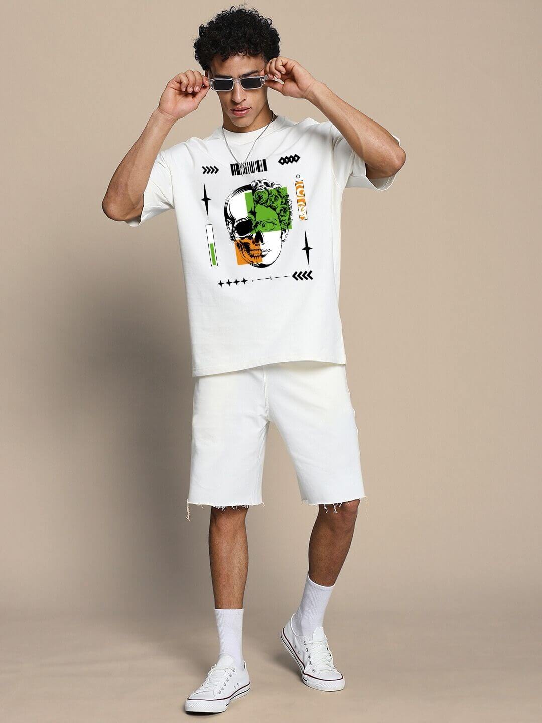 Neo Classic Skull Printed Co-ord Set in off white, featuring a bold skull design, worn by a model, showcasing a blend of street style and classic elegance.