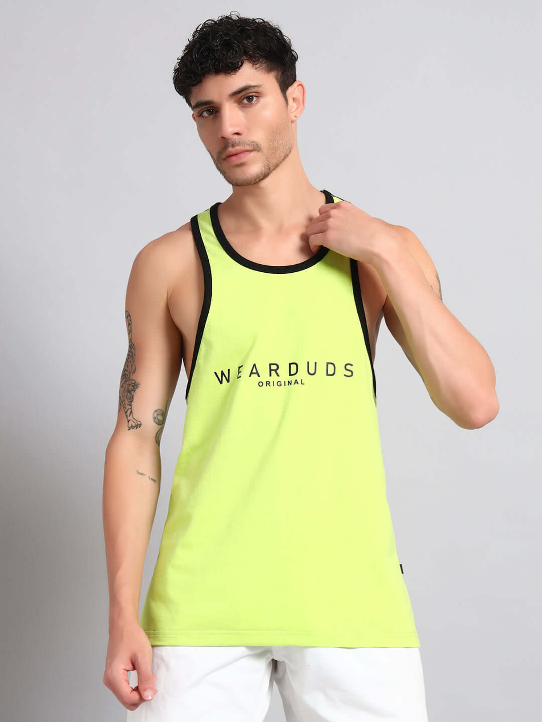 Men's NEO GYM T-SHIRT in Neon Green, featuring bold black trim and DUDS branding, perfect for customizable fit and active wear.