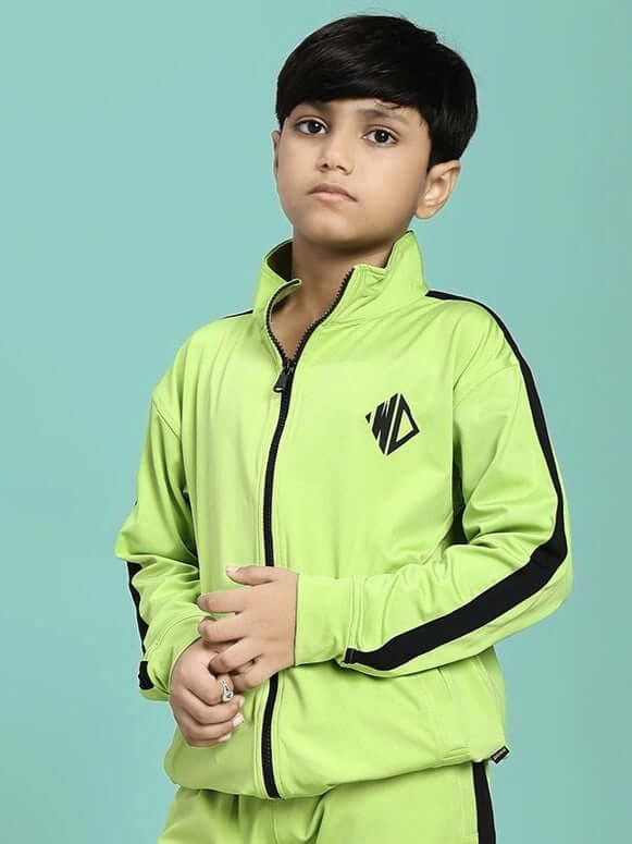 Child wearing a HIGH PERFORMANCE JACKET FOR BOYS AND GIRLS NEON GREEN, featuring a lightweight, durable design for all weather conditions.