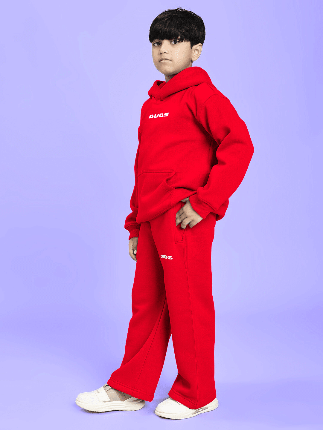Child wearing NEVER BE MY RIVAL PRINT FLEECE CO-ORD FOR BOYS GIRLS RED, showcasing bold red color and playful graphic print.