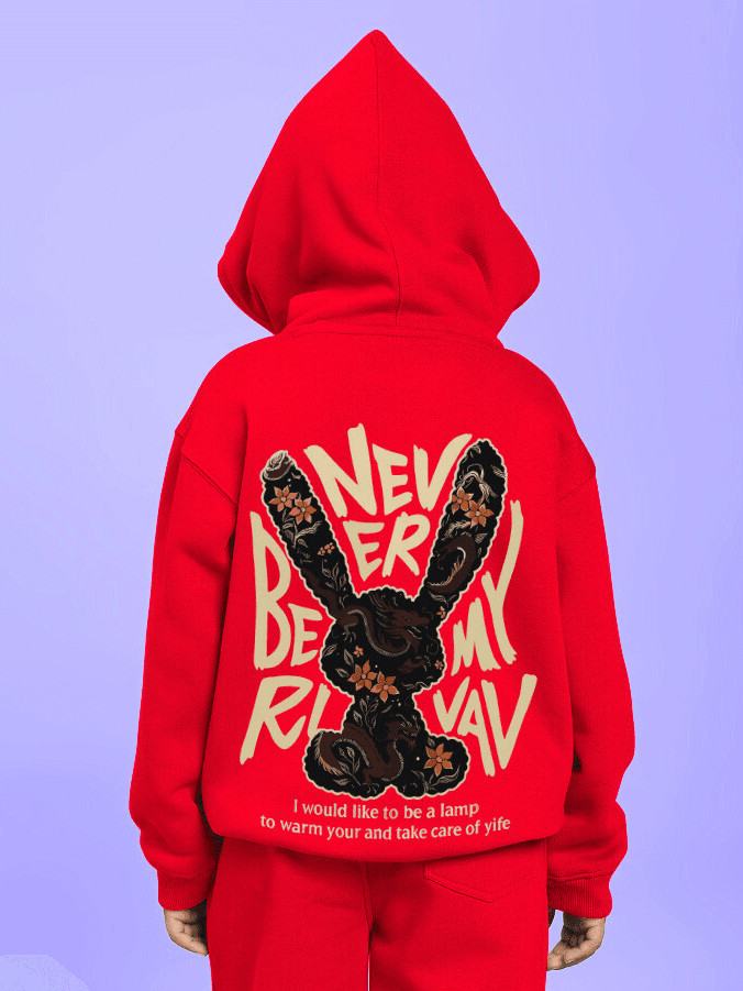 Child wearing NEVER BE MY RIVAL PRINT FLEECE HOODIE FOR BOYS AND GIRLS RED with bold graphic design and vibrant color