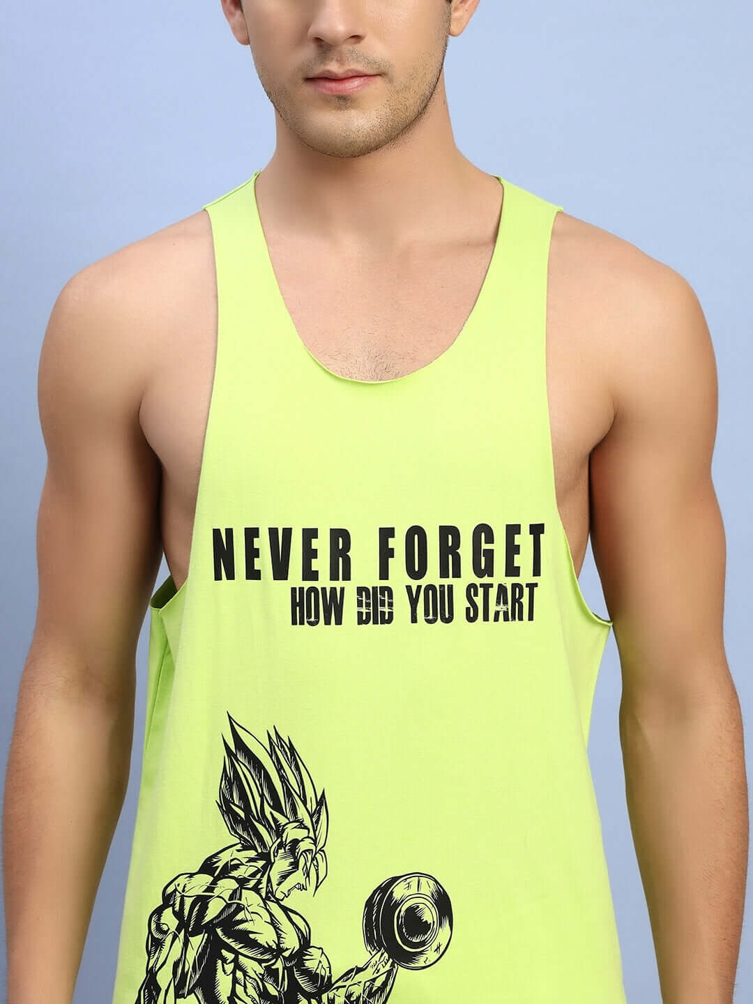 Neon green gym T-shirt with 'Never Forget' print, featuring a bodybuilder. Custom fit available for prepaid orders.