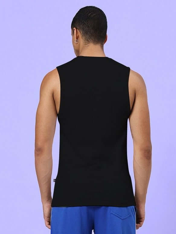 Back view of person wearing NEVER QUIT START AGAIN GYM SLEEVELESS T-SHIRT BLACK