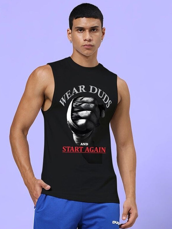Man wearing NEVER QUIT START AGAIN GYM SLEEVELESS T-SHIRT BLACK with motivational slogan design.