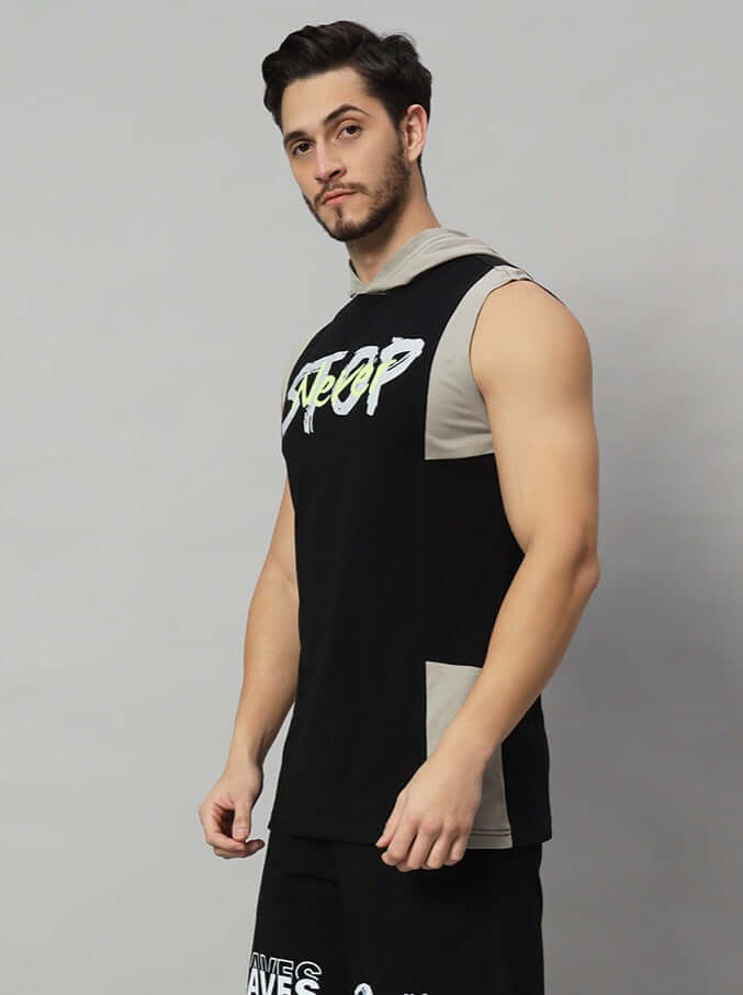 Model wearing NEVER STOP GYM REGULAR T-SHIRT GREY BLACK, showcasing athletic fit and motivational style, perfect for intense workouts.