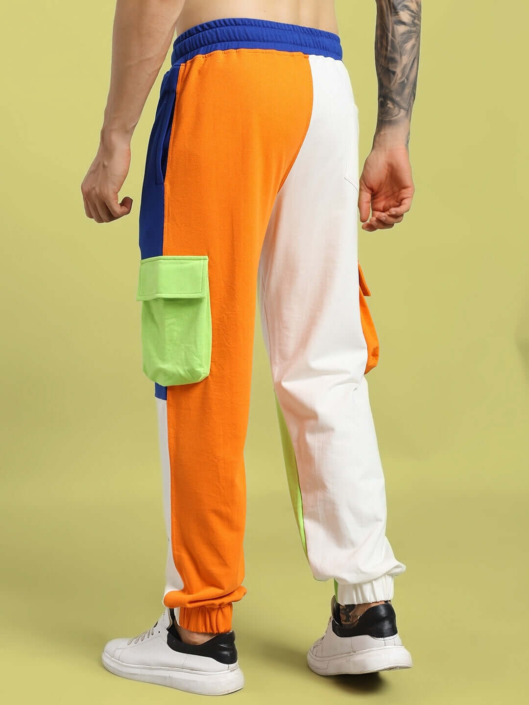 NICE MULTI POCKET COLORBLOCK RELAXED-FIT JOGGERS MULTI shown from the back with colorful pocket design on a male model