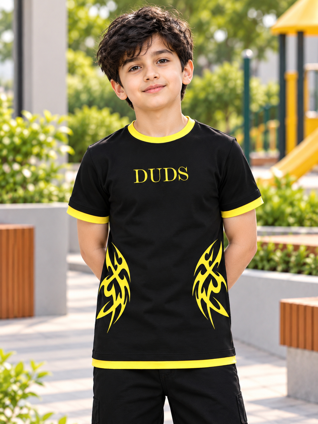 NIMO REGULAR FIT T-SHIRT FOR BOYS GIRLS BLACK with yellow tribal print and DUDS text, worn by boy outdoors