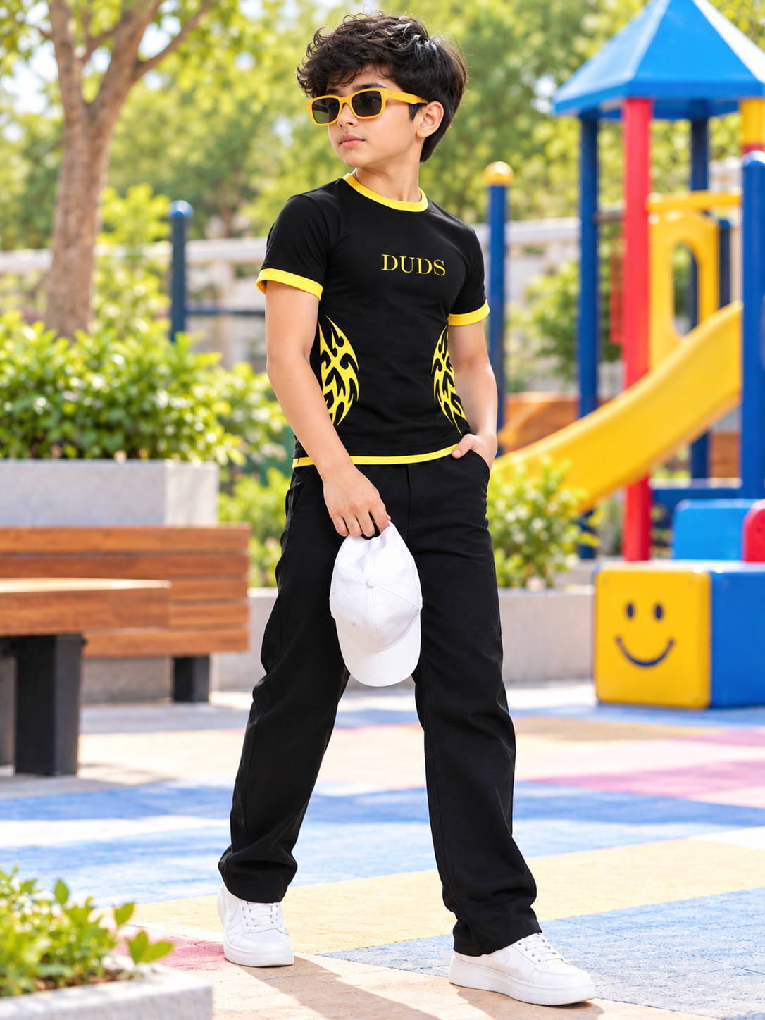 NIMO REGULAR FIT T-SHIRT FOR BOYS GIRLS BLACK with yellow flame graphic design, worn by boy in playground