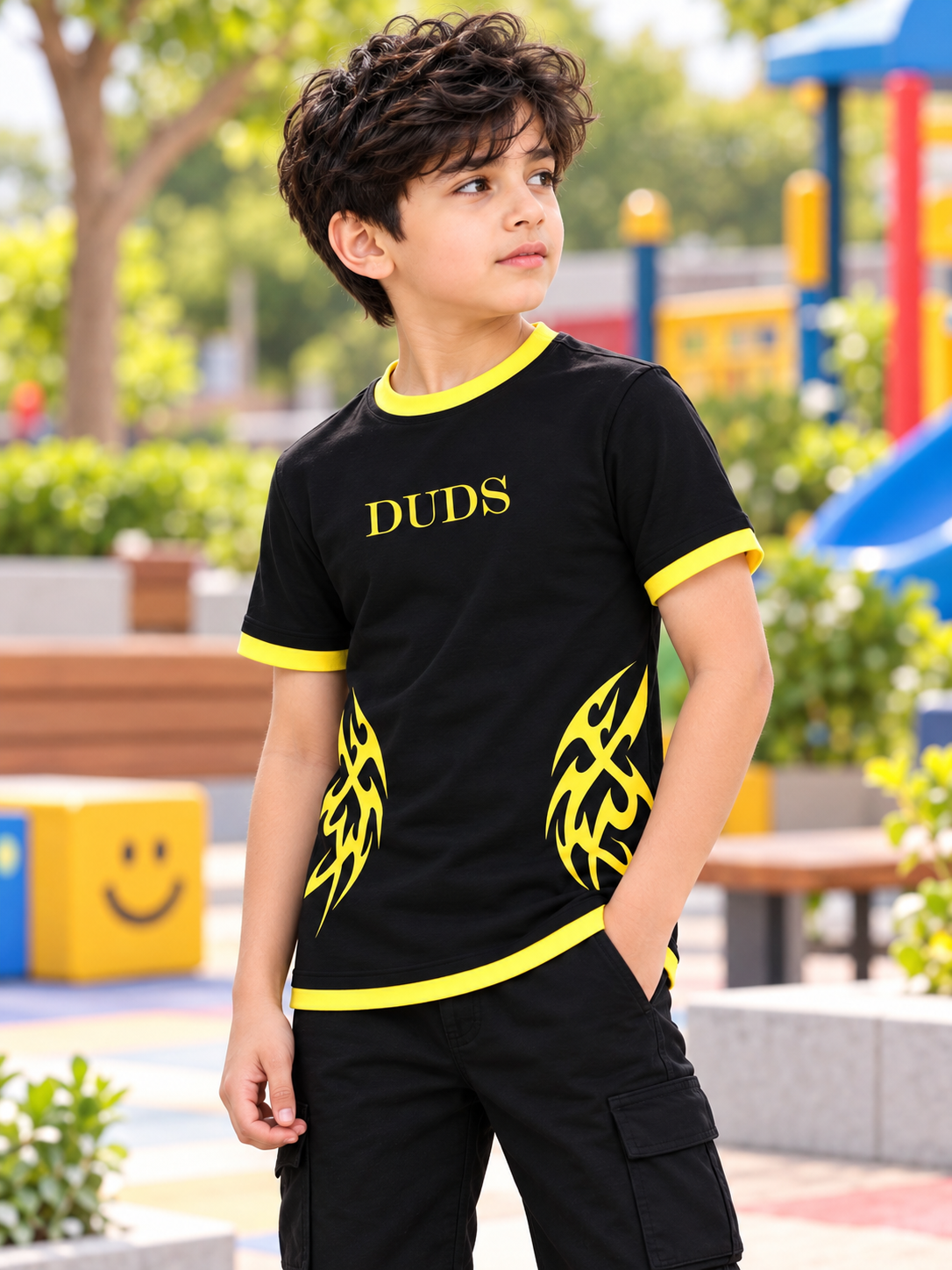 NIMO REGULAR FIT T-SHIRT FOR BOYS GIRLS BLACK with yellow tribal print and DUDS graphic, worn by boy at playground