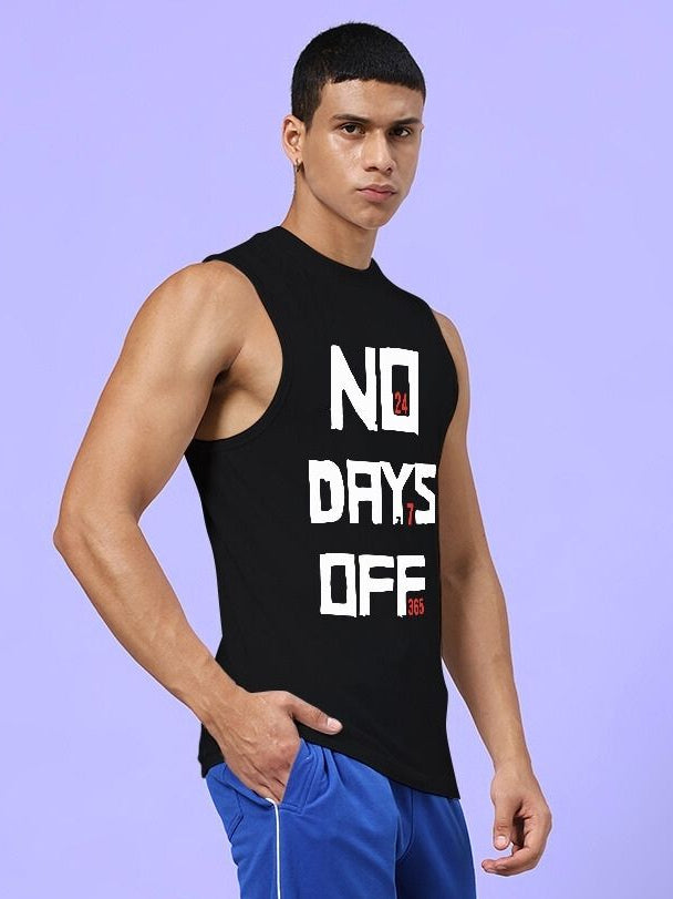 Man wearing NO DAYS OFF GYM SLEEVELESS T-SHIRT BLACK, purple background