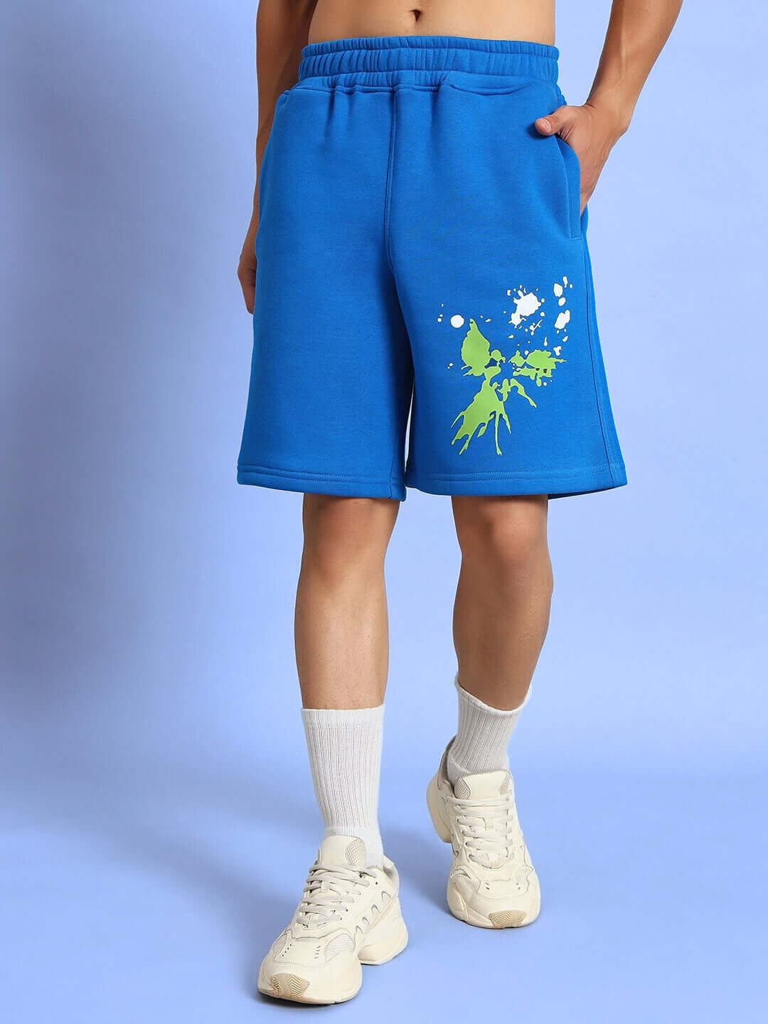 NO DRAMA COTTON FLEECE SHORTS ROYAL BLUE, featuring relaxed fit and adjustable drawstrings, perfect for casual streetwear style.