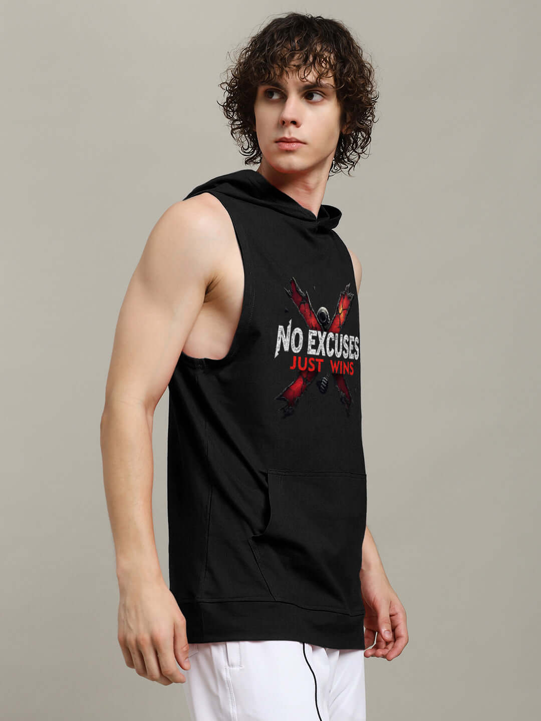 Black gym hooded T-shirt with 'NO EXCUSES JUST WINS' print, modeled to show sleeveless design and fit.