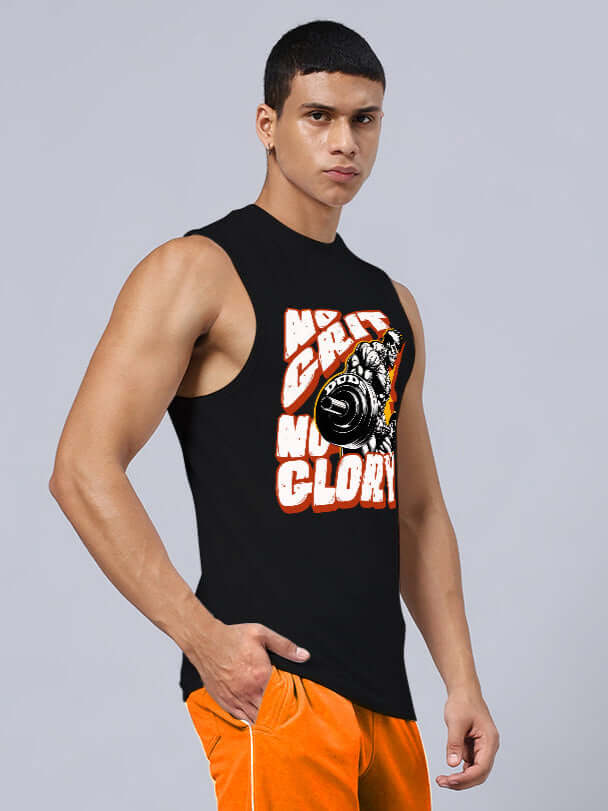 Man wearing NO GRIT NO GLORY PRINTED RELAXED FIT GYM T-SHIRT BLACK, showcasing bold motivational design.